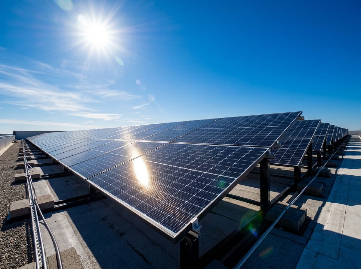 Solar panel array gleaming under bright blue sky — energy savings achieved