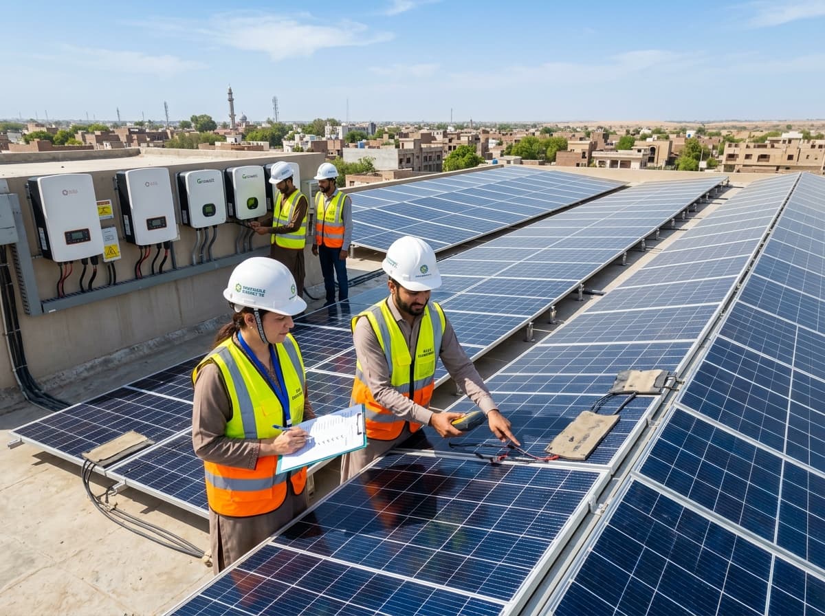 Dream Solar Energy engineers and technical team inspecting a Tier-1 solar panel installation in South Punjab